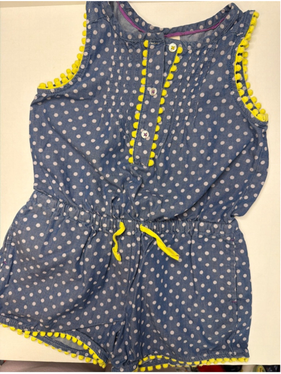 Mini Boden Other - Toddler Girls Mini Boden Blue Polka Dot Romper with Yellow Trim 18-24 Months